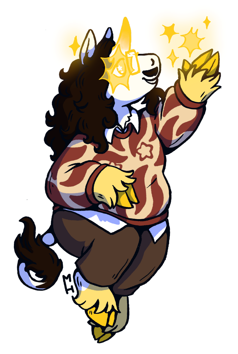 Jay, a white anthro unicorn, smiles as he holds his left arm up to catch golden stars.